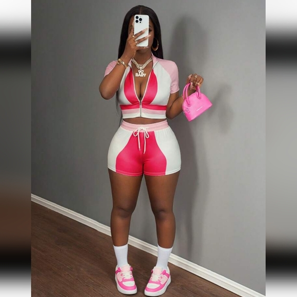 NWT Shein 2X 16W Short Top Co-ord Set Pink Zip Top Fitted Shorts AW-1486 - Picture 2 of 8